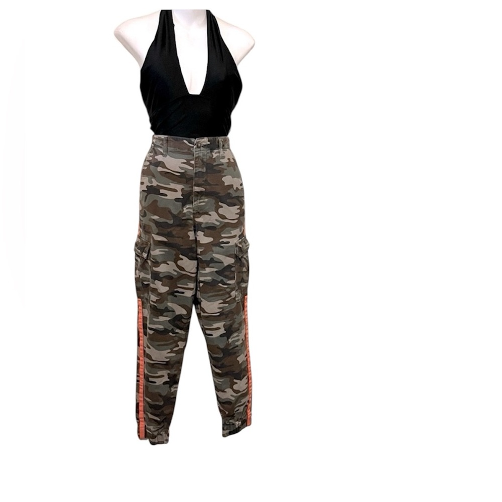 Forever 21 Camo Denim High Waisted Orange Stripe Jogger Utility Cargo Pants M